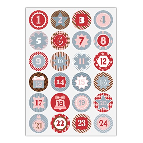 1x 24 grafische Advents Aufkleber mit den Zahlen 1-24 in hellblau, grau rot, MATTE Papieraufkleber für Adventskalender, Geschenke, runde selbstklebende Sticker ø 45mm von Kartenkaufrausch