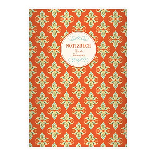 8 personalisierte Edle Vintage DIN A5 Schulhefte, Schreibhefte mit dekorativem, floralem Paisley, orange Lineatur 6 (blanko Heft 16 Blatt/32 Seiten) Notizheft, Kladde für Schule, Büro von Kartenkaufrausch