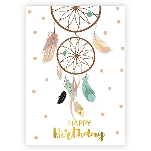 Boho Stil Geburtstagskarte mit Federn und Traumfänger: Happy Birthday als Glückwunsch Klappkarte zum Geburtstag, Grußkarte mit Umschlag von Kartenkaufrausch