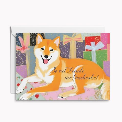 Bunte Hunde Glückwunschkarte – Shiba Inu mit Geschenkpaketen – So viel Freude wie Geschenke! – fröhliche Klappkarte mit Umschlag und Einleger von Kartenkaufrausch