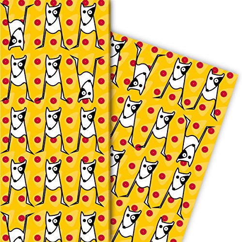 Designer Geschenkpapier mit lustigen Hunden für tolle Geschenk Verpackung und Überraschungen 32 x 48cm, in gelb von Kartenkaufrausch