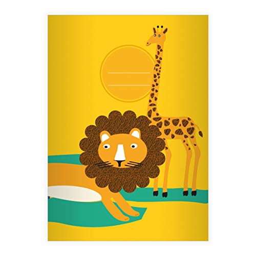 Kartenkaufrausch 1 Retro Afrika Wildtier DIN A4 Schulheft, Schreibhefte mit Löwe und Giraffe, gelb Lineatur 20 (blanko Heft 16 Blatt/32 Seiten) Notizheft, Kladde für Schule, Uni, Büro von Kartenkaufrausch