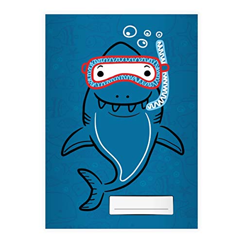 Kartenkaufrausch 4 Lustige Tiefsee Taucher DIN A4 Schulhefte, Rechenhefte mit Comic Haifisch, blau Lineatur 28 (kariertes Heft 16 Blatt/32 Seiten) Notizheft, Kladde für Schule, Universität, Büro von Kartenkaufrausch