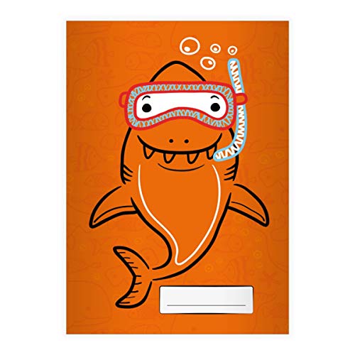 Kartenkaufrausch 8 Lustige Tiefsee Taucher DIN A4 Schulhefte, Schreibhefte mit Comic Haifisch, orange Lineatur 25 (liniertes Heft 16 Blatt/32 Seiten) Notizheft, Kladde für Schule, Universität, Büro von Kartenkaufrausch