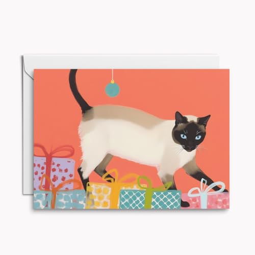 Kunstvolle Weihnachtskarte mit Siamkatze – stilvolle Klappkarte im Retro-Look, inkl. Umschlag von Kartenkaufrausch