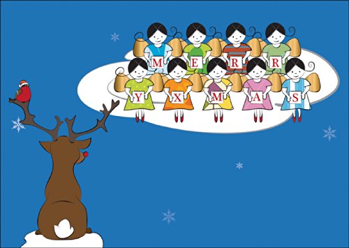 Lustige Weihnachtskarte/Geschenkkarte zu Weihnachten/Klappkarte zum Weihnachtsfest mit kleinem Rentier bei der Bewunderung eines Engel Chors auf einer Wolke: Merry Xmas von Kartenkaufrausch