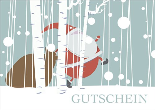 Schöner Weihnachts Gutschein als Weihnachtskarte/Geschenkkarte zu Weihnachten/Klappkarte zum Weihnachtsfest mit gehetztem Weihnachtsmann, der durch den Wald rennt: Gutschein von Kartenkaufrausch