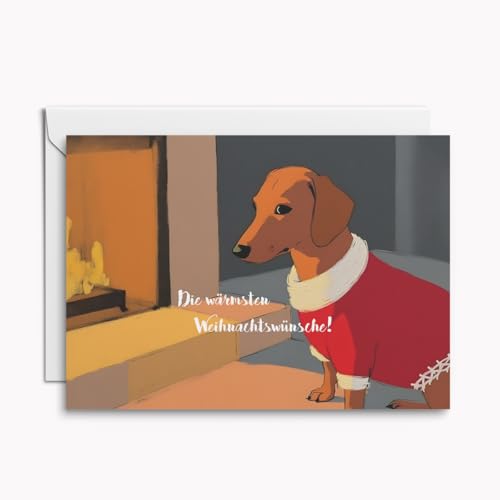 Set mit 4 Hunde Weihnachtskarten – „Die wärmsten Weihnachtswünsche!“ – Dackel am Kamin, stimmungsvolle Klappkarten inkl. Umschläge von Kartenkaufrausch