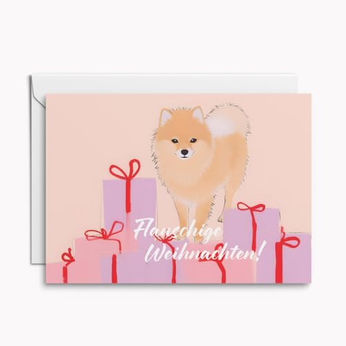Set mit 4 Hunde Weihnachtskarten mit Einleger – Flauschige Weihnachten! – flauschige Klappkarten mit Pomeranian & Geschenkstapel, inkl. Umschläge von Kartenkaufrausch