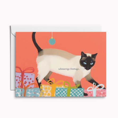 Set mit 4 Katzen Weihnachtskarten – „schnurrige Festtage..“ – kunstvolle Klappkarten im Retro-Stil, fröhlich & festlich für Freunde oder Kollegen von Kartenkaufrausch