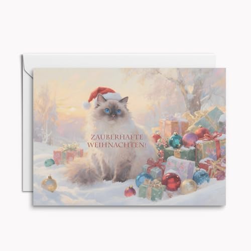 Set mit 4 festlichen Katzen Weihnachtskarten – nostalgische Klappkarten mit Geschenkmotiv, Umschläge & weiße Einleger inklusive von Kartenkaufrausch
