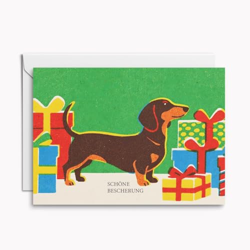 Set mit 4 frischen Weihnachtskarten „Schöne Bescherung“ – poppige Klappkarten im Risoprint-Stil mit Dackel & Geschenken, inkl. Umschläge von Kartenkaufrausch