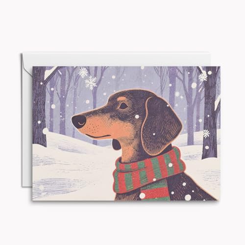 Set mit 4 hochwertigen Weihnachtskarten – nostalgische Dackel-Klappkarten im Winterwald, stilvoll illustriert, inkl. Umschläge von Kartenkaufrausch