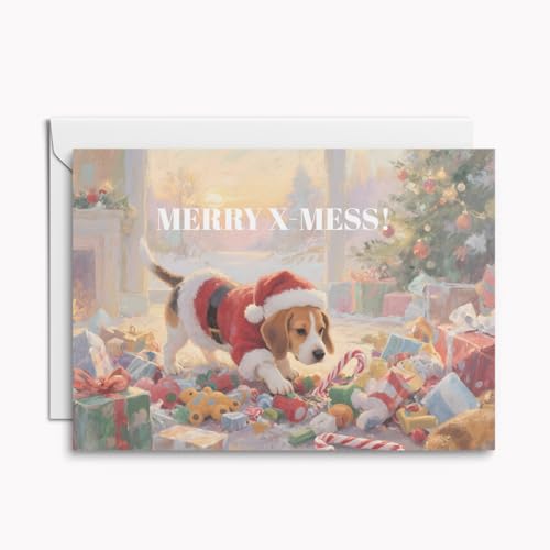 Set mit 4 humorvollen Hunde Weihnachtskarten – „Merry X-Mess!“ – niedliche Beagle Klappkarten, ideal für lustige Grüße, Umschläge & Einleger inklusive von Kartenkaufrausch