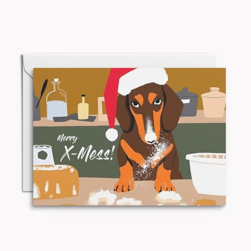 Set mit 4 lustigen Weihnachtskarten „Merry X-Mess!“ – humorvolle Klappkarten mit Dackel in der Weihnachtsbäckerei, inkl. Umschläge von Kartenkaufrausch