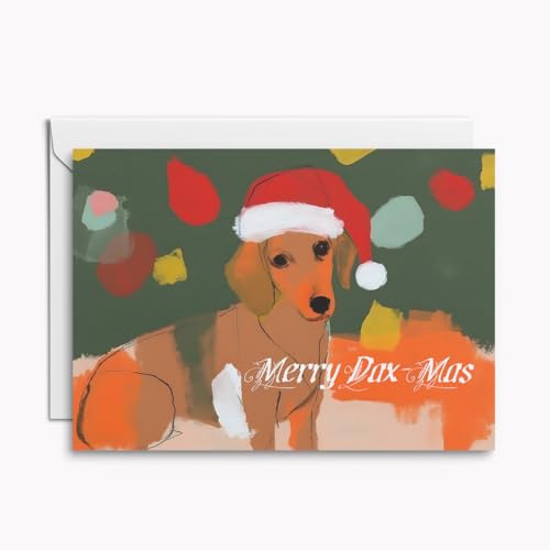 Set mit 4 modernen Weihnachtskarten „Merry Dax-Mas“ – künstlerische Dackel-Klappkarten, farbenfrohes Design, inkl. Umschläge von Kartenkaufrausch