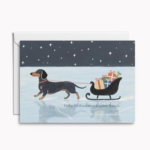Set mit 4 originellen & witzigen Weihnachtskarten – Dackel mit Schlitten, „Frohe Weihnachten & guten Rutsch“, moderne Klappkarten mit Umschlägen von Kartenkaufrausch