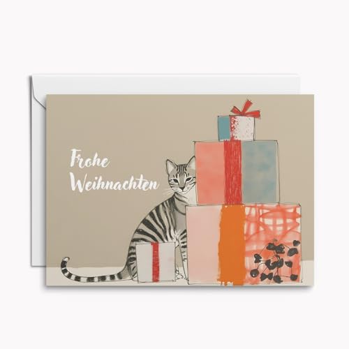 Set mit 4 stilvollen Weihnachtskarten für Katzenfans – Frohe Weihnachten mit Katze & Geschenkstapel, moderne Klappkarten inkl. Umschläge & weiße Einleger Set mit 4 stilvollen Weihnachtskarten für Katzenfans – Frohe Weihnachten mit Katze & Geschenkstapel, moderne Klappkarten inkl. Umschläge & weiße Einleger von Kartenkaufrausch