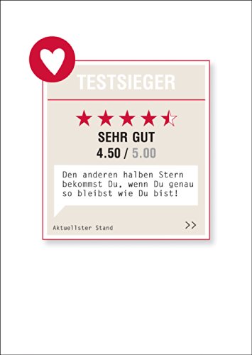 Testsieger Sehr Gut - Lob Gußkarte mit 4,5 von 5 Punkten: Den anderen halben Stern bekommst Du, wenn Du genau so bleibst wie Du bist! • lustige Klappkarte mit Umschlag Testsieger Sehr Gut - Lob Gußkarte mit 4,5 von 5 Punkten: Den anderen halben Stern bekommst Du, wenn Du genau so bleibst wie Du bist! • lustige Klappkarte mit Umschlag von Kartenkaufrausch