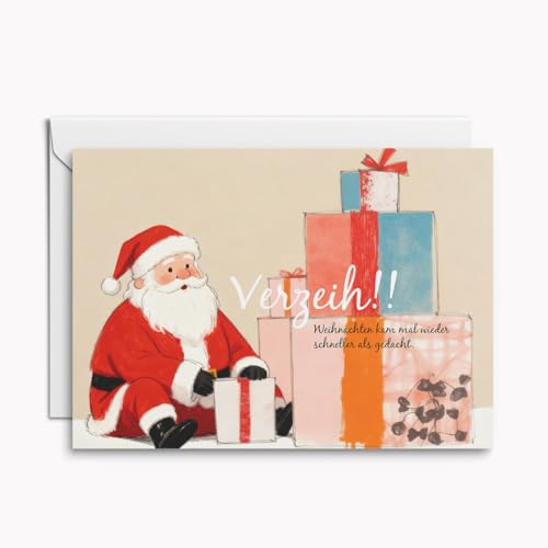 Weihnachtskarte „Verzeih!!“ – 1 Karte mit Umschlag, witzige Klappkarte für verspätete Grüße, Weihnachtsmann mit Geschenken von Kartenkaufrausch