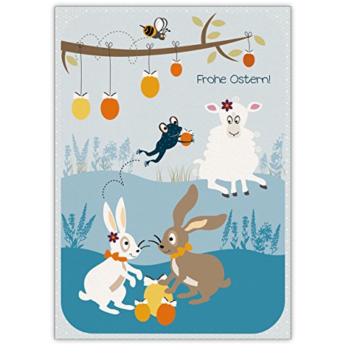 Wünschen Sie: Frohe Ostern! Mit der lustigen Osterkarte mit Frosch, Hasen und Lamm • Klappkarten Set mit Umschlägen als Oster Klappkarte, Gutschein, Geschenk-Karte von Kartenkaufrausch