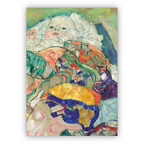 schöne Künstler Klappkarte, Kunst Klappkarte, Glückwunsch Grußkarte: Gustav Klimt, 1917/1918 - Baby (Wiege) Willkommens Grusskarte zur Geburt um Mutter und Kind zu gratulieren von Kartenkaufrausch