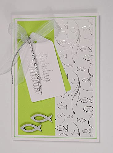 5 x Hochwertige Einladungskarten zur Kommunion "Fische" - maigrün *Handmade*grün/hellgrün/maigrün von Kartenkunst