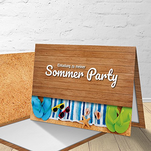 5 Einladungskarten mit passenden Umschlägen, Einladungskarten fürs Grillfest, Sommerfest, Gartenfest, Gartenparty, Klappkarten im Set zu 5 Stk. "Strand" von KartenKuss.de