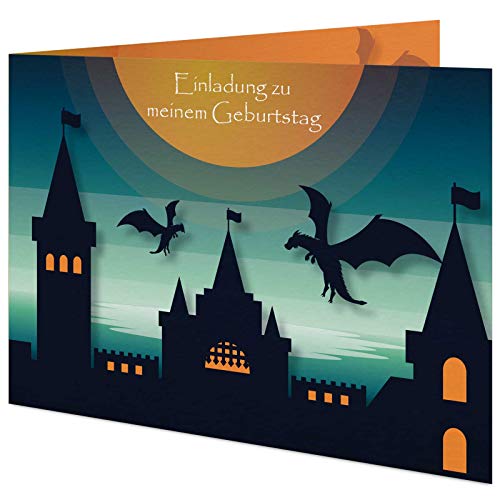 5 Geburtstagskarten zum selber beschriften mit passenden Umschlägen, Motiv: Schloss und Drachen, Einladungskarten für Kinder mit beschreibbaren Feldern, Klappkarten im Set zu 5 Stk. 5 Geburtstagskarten zum selber beschriften mit passenden Umschlägen, Motiv: Schloss und Drachen, Einladungskarten für Kinder mit beschreibbaren Feldern, Klappkarten im Set zu 5 Stk. von Kartenkuss