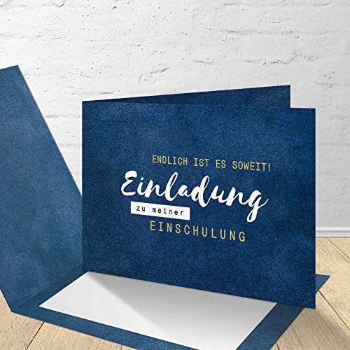 8 Einladungskarten für die Einschulung mit passenden Umschlägen, Einladungskarten zur Einschulung im Set zu 8 Stk. "blauer Samt" Design von KartenKuss.de