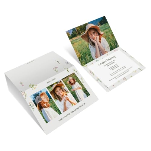 10 bis 100 Stück personalisierte Jugendweihe Foto Einladungskarten Wildblumen DIN A6 Klappkarten mit 4 eigenen Bildern, dickes 300g/qm Papier, Briefumschläge optional von Kartenmachen.de