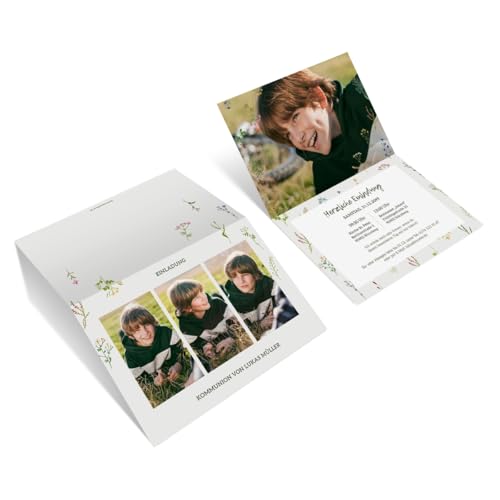 10 bis 100 Stück personalisierte Kommunion Foto Einladungskarten Wildblumen DIN A6 Klappkarten mit 4 eigenen Bildern, dickes 300g/qm Papier, Briefumschläge optional von Kartenmachen.de
