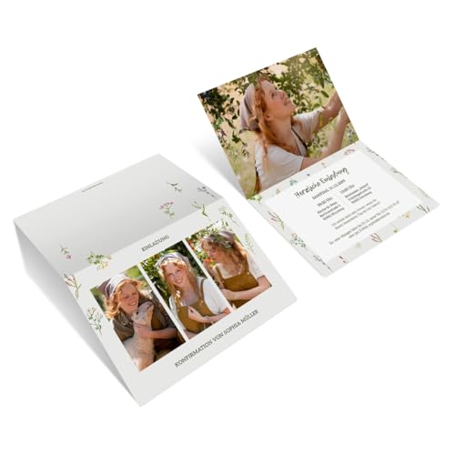 10 bis 100 Stück personalisierte Konfirmation Foto Einladungskarten "Wildblumen" DIN A6 Klappkarten mit 4 eigenen Bildern, dickes 300g/qm Papier, Briefumschläge optional 10 bis 100 Stück personalisierte Konfirmation Foto Einladungskarten "Wildblumen" DIN A6 Klappkarten mit 4 eigenen Bildern, dickes 300g/qm Papier, Briefumschläge optional von Kartenmachen.de