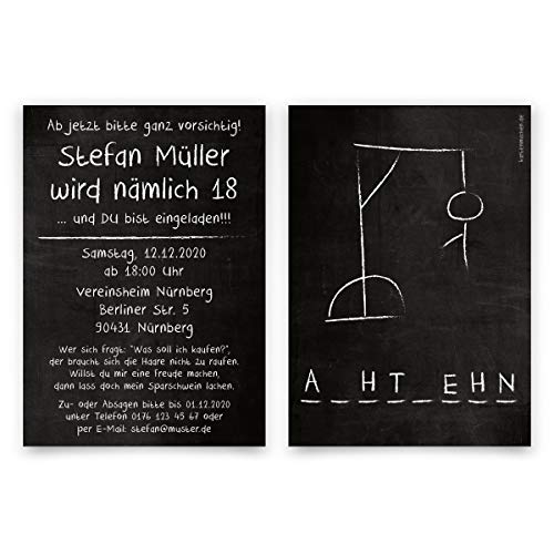 10 x Einladungskarten zum Geburtstag 18 Jahre Geburtstagseinladungen - Galgenmännchen von Kartenmachen.de