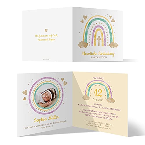 10 x Einladungskarten zur Taufe - Text und Foto einfach individuell selbst gestalten Quadrat Klappkarten für Mädchen oder Jungen - Regenbogen Tor von Kartenmachen.de