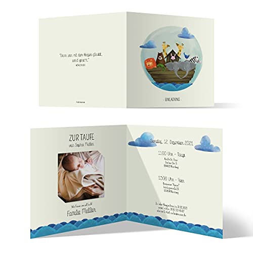 10 x Einladungskarten zur Taufe - Text und Foto einfach individuell selbst gestalten quadratische Klappkarte für Mädchen oder Jungen - Arche Noah von Kartenmachen.de
