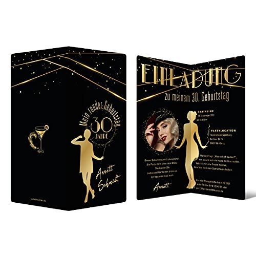 10 x Frauen Geburtstag Einladungskarten Text und Foto individuell selbst gestalten DIN Lang Klappkarten - Golden 20s von Kartenmachen.de