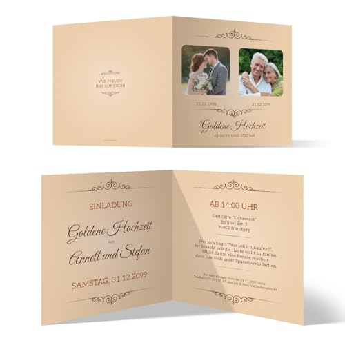 Individuelle Goldene Hochzeit Einladungskarten/Goldhochzeit Einladungen 50 Jahre - Zeitsprung Motiv, mit 2 Ihrer Fotos (früher und heute), 300g/qm Kartonpapier Klappkarten, 10 bis 100 Stück Individuelle Goldene Hochzeit Einladungskarten/Goldhochzeit Einladungen 50 Jahre - Zeitsprung Motiv, mit 2 Ihrer Fotos (früher und heute), 300g/qm Kartonpapier Klappkarten, 10 bis 100 Stück von Kartenmachen.de