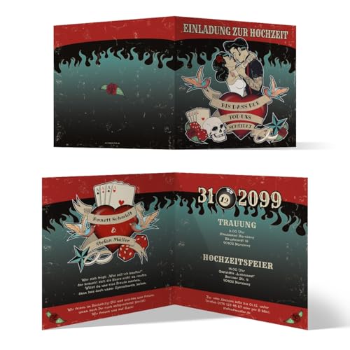 10 x Hochzeit Einladungskarten Rockabilly Hochzeitskarten Vintage Rock 1950er Klappkarte 10 x Hochzeit Einladungskarten Rockabilly Hochzeitskarten Vintage Rock 1950er Klappkarte von Kartenmachen.de