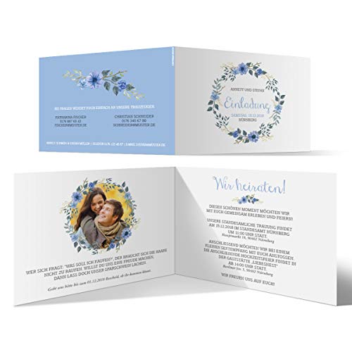 10 x Hochzeitseinladungen Einladungskarten individuell A6 Klappkarten - Blaue Blumen von Kartenmachen.de