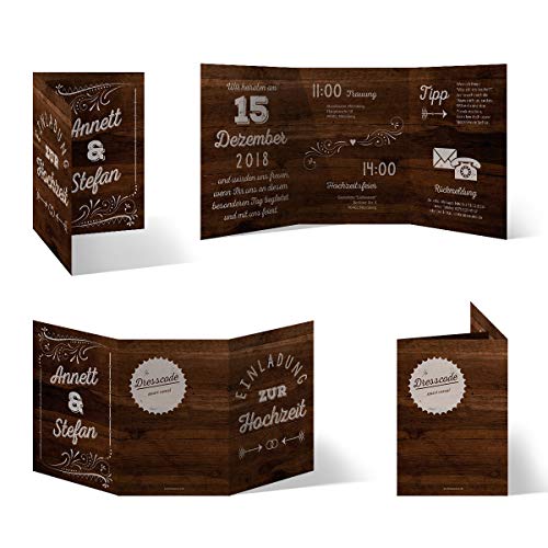 10 x Hochzeitseinladungen individuell mit Ihrem Inhalt als Klappkarte im Wickelfalz - Holz Lettering von Kartenmachen.de