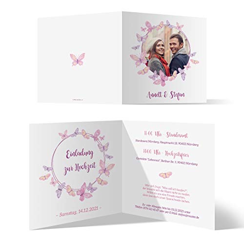 10 x Individuelle Hochzeitseinladungen quadratische Klappkarte Set mit Text und Foto selbst gestalten - Schmetterlinge 10 x Individuelle Hochzeitseinladungen quadratische Klappkarte Set mit Text und Foto selbst gestalten - Schmetterlinge von Kartenmachen.de