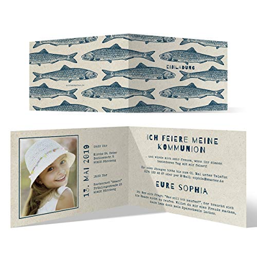 10 x Kommunion Einladungskarten individuell mit Foto und Text DIN A6 Klappkarte - Maritim Fische 10 x Kommunion Einladungskarten individuell mit Foto und Text DIN A6 Klappkarte - Maritim Fische von Kartenmachen.de