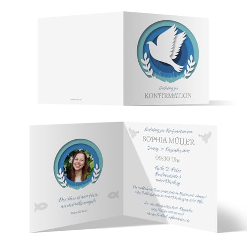 Personalisierte Konfirmation Einladungskarten individuelle Klappkarte mit Foto Quadradt 148x148mm - Papier-Taube von Kartenmachen.de