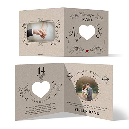 10 x Lasergeschnittene Danksagungskarten Hochzeit Hochzeitskarten Dankeskarten individuell mit Foto und Text Quadrat Klappkarte 148x148mm - Vintage Kraftpapier von Kartenmachen.de
