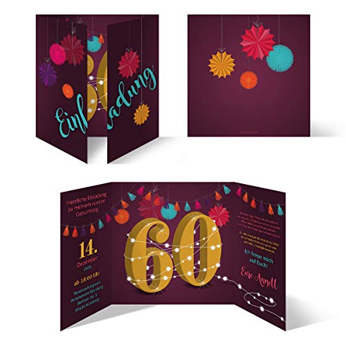 Kartenmachen.de Individuelle Geburtstagseinladungen zum 60. Geburtstag personalisierte Einladungskarten ab 10 Stück selbst gestalten Quadrat 155x155mm Altarfalz - Girlande von Kartenmachen.de