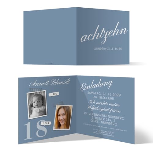 18. Geburtstag personalisierte Einladungskarten - achtzehn wundervolle Jahre - Klappkarte, zwei Fotos, ab 10 Stück, dickes Papier 18. Geburtstag personalisierte Einladungskarten - achtzehn wundervolle Jahre - Klappkarte, zwei Fotos, ab 10 Stück, dickes Papier von Kartenmachen.de