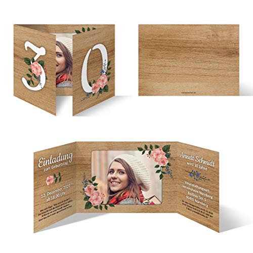 20 x Individuelle Geburtstag Einladungskarten Klappkarte Altarfalz DIN A6 (148x105mm) - Holzblumen von Kartenmachen.de