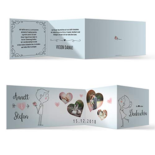 30 x Hochzeit Dankeskarten Danksagungskarten individuell mit Ihren Texten und Fotos Zickzack Klappkarte DIN Lang 99 x 210 mm - Küssendes Paar von Kartenmachen.de