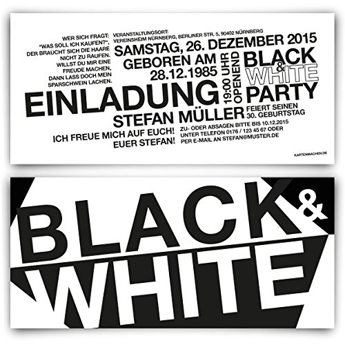 Einladungen (30 Stück) zum Geburtstag - Schwarz Weiß/Black & White - Party Einladungskarten von Kartenmachen.de